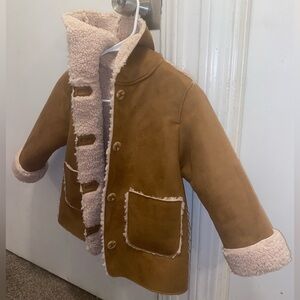 Zara Girls Tan Wool Shearling Trimmed Coat
